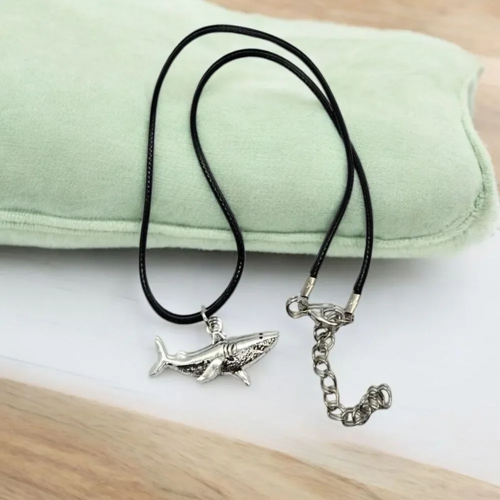 Silver Shark Pendant Nautical Ocean Necklace Black Corded Sea Creature Jewelry